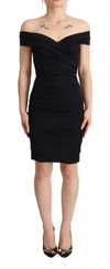 DOLCE & GABBANA BODYCON BLACK SILK OFF SHOULDER SHEATH BODYCON DRESS