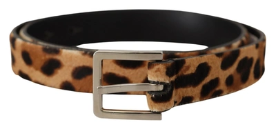 Dolce & Gabbana Brown Calf Fur Leopard Print Skinny Logo Buckle Belt