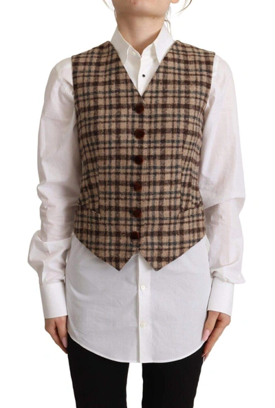 Dolce & Gabbana Brown Checkered Leopard V-neck Sleeveless Waistcoat Top