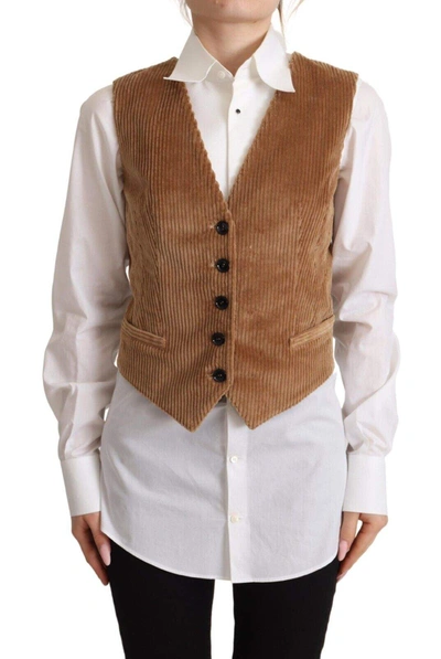 Dolce & Gabbana Brown Corduroy Leopard V-neck Sleeveless Waistcoat Top