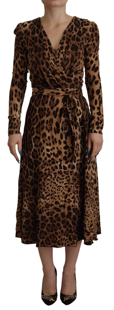 DOLCE & GABBANA BROWN LEOPARD WRAP A-LINE MAXI VISCOSE DRESS