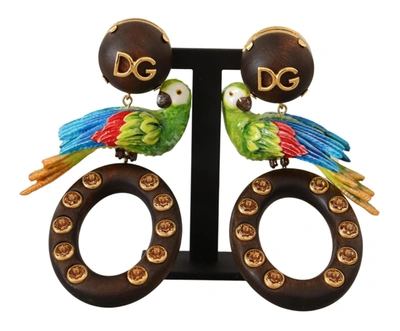 Dolce & Gabbana Gold Brass Wood Parrot Hoop Clip-on Jewelry Dangling Earrings In Black