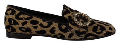 Dolce & Gabbana Gold Leopard Print Crystals Loafers In Brown