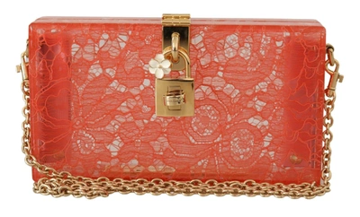 Dolce & Gabbana Gold Padlock Box Peach Lace  Clutch Party Bag