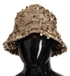 Dolce & Gabbana Gold Silk Sequin Embellished Designer Brim Bucket Hat In Gold