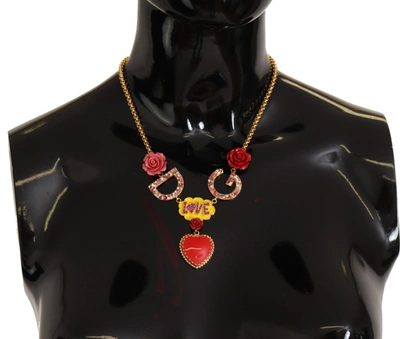 Dolce & Gabbana Gold Rose Love Crystal Charm Chain Necklace