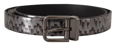 Dolce & Gabbana Gray Herringbone Leather Gray 3d Metal Buckle Belt