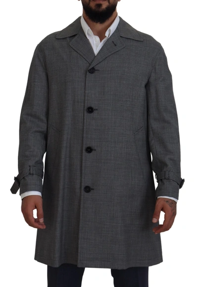 DOLCE & GABBANA GRAY WOOL PLAID LONG TRENCH COAT JACKET TRENCH COAT JACKET