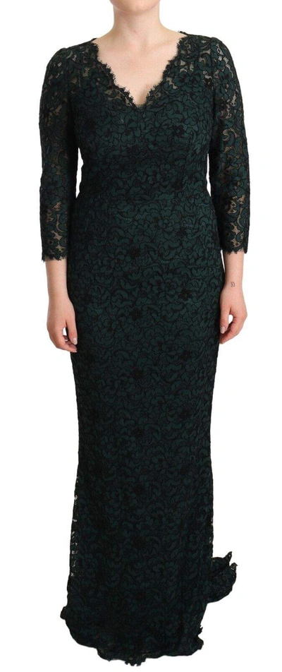 Dolce & Gabbana Green Floral Lace Maxi Floor Length Dress