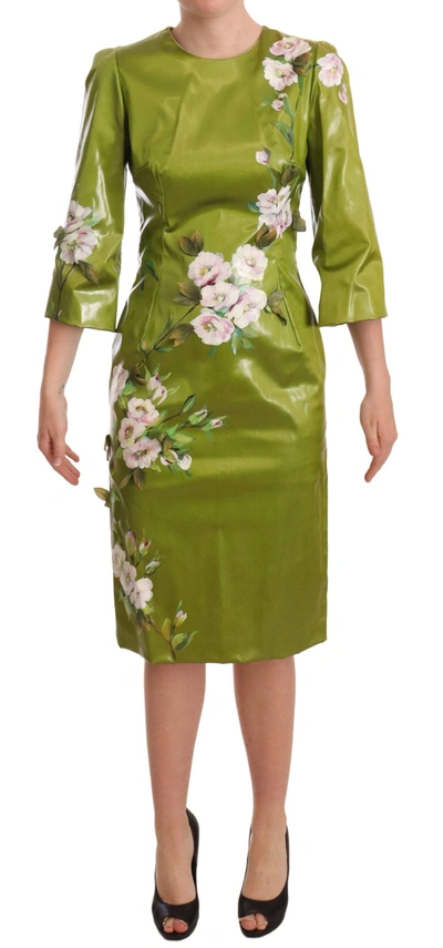 DOLCE & GABBANA GREEN FLORAL EMBELLISHED SHEATH MIDI DRESS