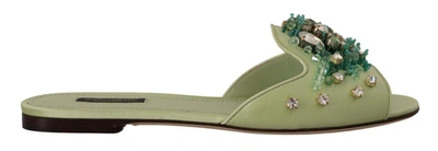 DOLCE & GABBANA GREEN LEATHER CRYSTALS SLIDES WOMEN FLATS SHOES