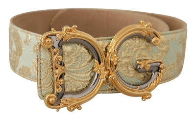 Dolce & Gabbana Green Wide Brocade Jacquard Dg Logo Gold Buckle  Belt