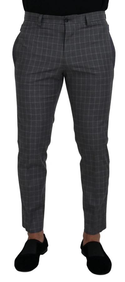 Dolce & Gabbana Grey Cotton Checkered Chino Trousers In Grey