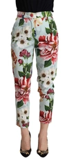 Dolce & Gabbana Light Blue Fiori Print Cotton Trouser Tapered Pants In Light Blue