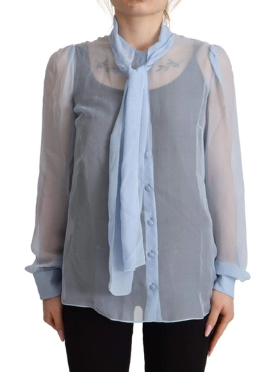 Dolce & Gabbana Light Blue Silk Ascot Collar Long Sleeves Blouse Top