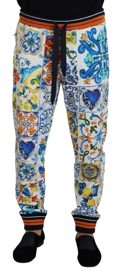Dolce & Gabbana Majolica Print Cotton Sport Trousers In Multicolor
