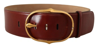 Dolce & Gabbana Maroon Leather Gold Metal Oval Buckle Belt In Marrone
