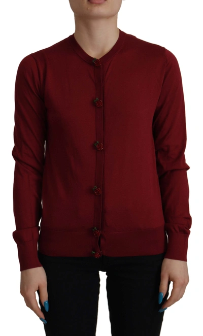 Dolce & Gabbana Maroon Silk Knitted Crewneck Cardigan Sweater