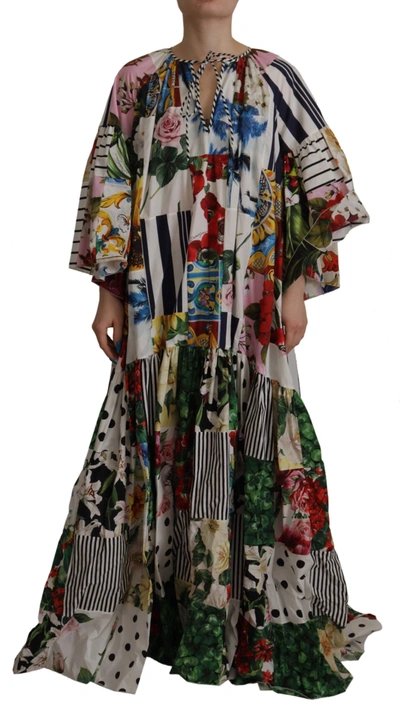 Dolce & Gabbana Maxi Kaftan Patchwork Poplin Floral Dress In Multicolor