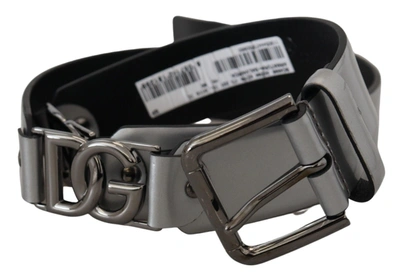 Dolce & Gabbana Metallic Silver Leather Dg Logo Metal Buckle Belt