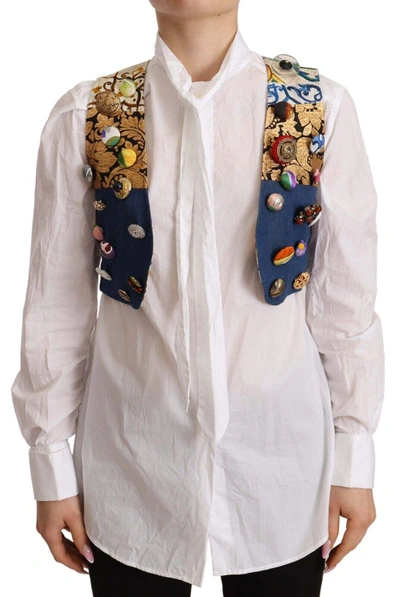 Dolce & Gabbana Multicolor Embellished Waist Coat Cotton Top