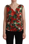Dolce & Gabbana Red Geranium Print Viscose Sweetheart Cropped Top In Multicolor
