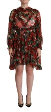 Dolce & Gabbana Multicolor Ruffle Floral Long Sleeves Dress In Red