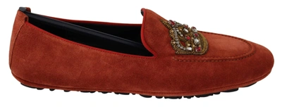 Dolce & Gabbana Orange Leather Moccasins Crystal Crown Slippers Shoes