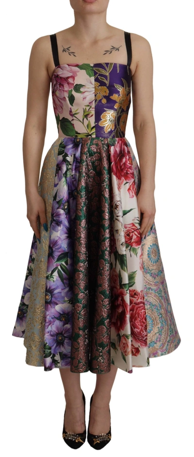 DOLCE & GABBANA PACHWORK PRINT FLORAL JAQUARD SILK MIDI  DRESS