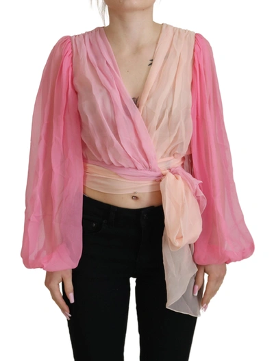 DOLCE & GABBANA PINK SILK WRAP LONG SLEEVES BLOUSE TOP