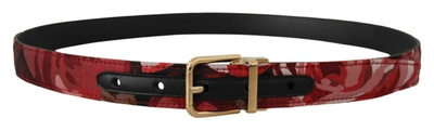 DOLCE & GABBANA RED JACQUARD ROSE LEATHER GOLD METAL BUCKLE BELT