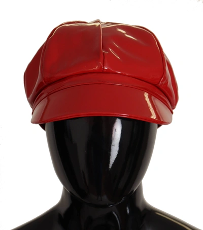 Dolce & Gabbana Red Lamb Leather Small Brim Dg Logo Chain Cap Hat