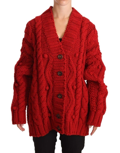 Dolce & Gabbana Red V-neck Wool Knit Button Cardigan Jumper