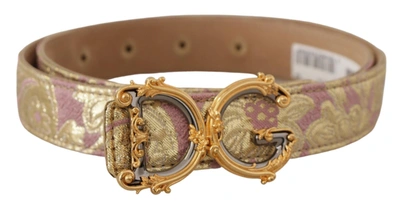 Dolce & Gabbana Rose Pink Jacquard Dg Logo Gold Metal Buckle Belt In Gold And Pink