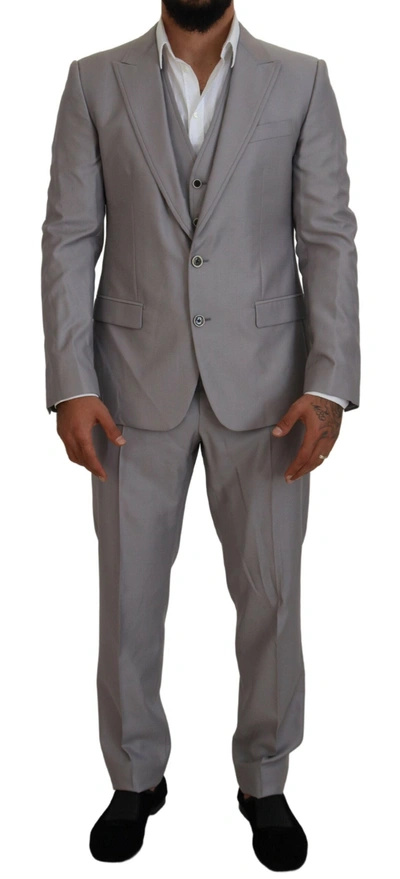 DOLCE & GABBANA SILVER WOOL SILK 3 PIECE SLIM FIT SUIT