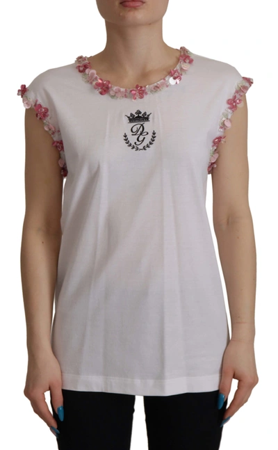 Dolce & Gabbana White Dg Crown Floral Sequin T-shirt