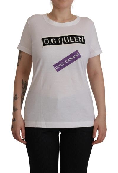 Dolce & Gabbana White Dg Queen Patch Round Neck Cotton T-shirt