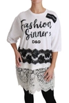 DOLCE & GABBANA WHITE FASHION SINNER COTTON LACE T-SHIRT TOP