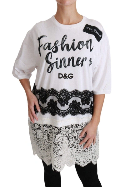 Dolce & Gabbana White Fashion Sinner Cotton Lace T-shirt Top In Black/white