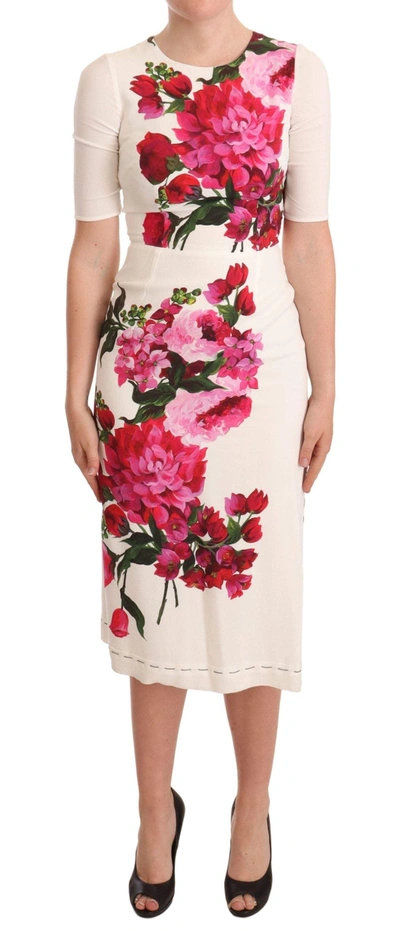 Dolce & Gabbana White Floral Printed Crepe Midi Slit Dress