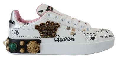Dolce & Gabbana White Leather Crystal Queen Crown Trainers Shoes