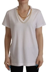 DOLCE & GABBANA WHITE NECKLACE EMBELLISHED NECKLINE T-SHIRT TOP