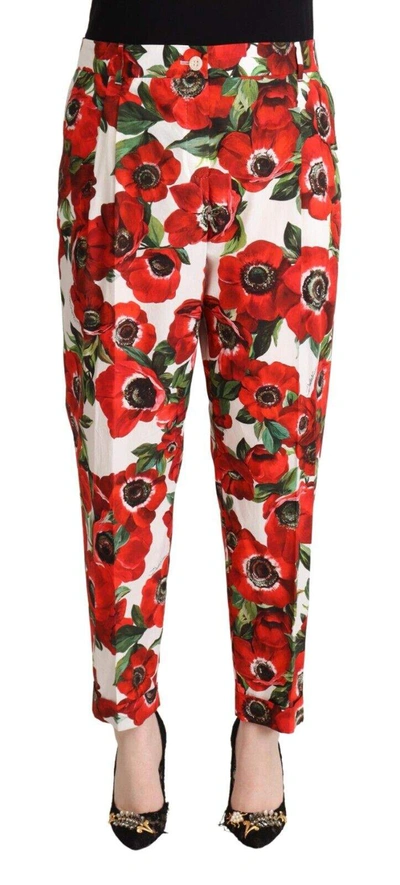 Dolce & Gabbana White Red Anemone Cotton Trouser Tapered Trousers In White And Red