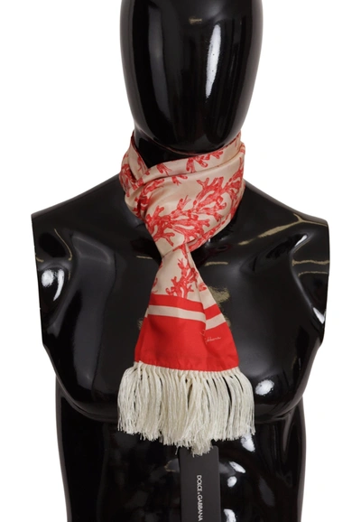 Dolce & Gabbana White Red Coral Print Shawl Wrap Fringe Scarf In White And Red