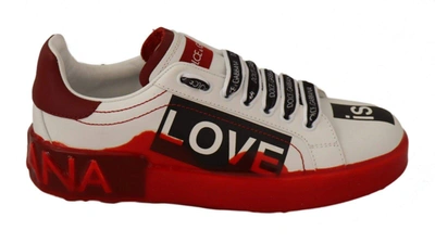 Dolce & Gabbana White Red Portofino Love Print Leather Trainers Shoes