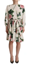 DOLCE & GABBANA WHITE ROSE PRINT LONG SLEEVES A-LINE DRESS