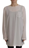 DOLCE & GABBANA WHITE SILK DG LOGO EMBROIDERED LONG SLEEVES BLOUSE