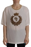 DOLCE & GABBANA WHITE SILK GOLD DG CROWN CRYSTAL BLOUSE TOP