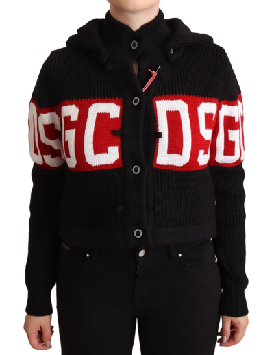 Gcds Black Cashmere Hooded Button Down Logo Cardigan Jacket