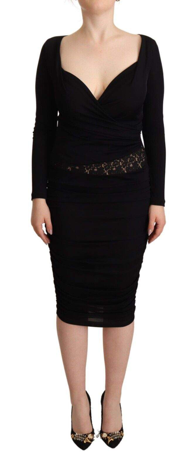 Gf Ferre' Black Long Sleeves Sweetheart Neck Midi Dress